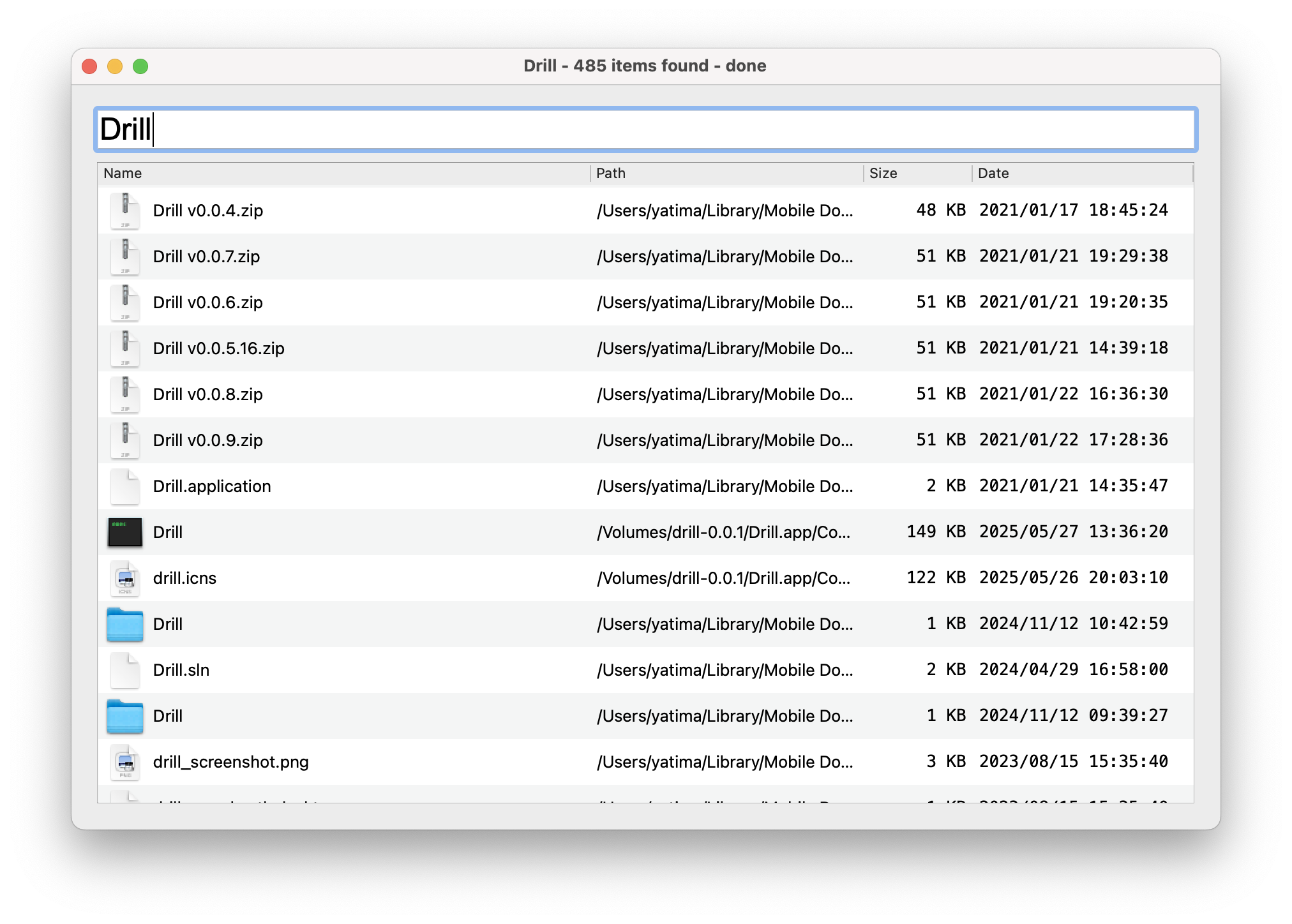 Drill app window showing search results